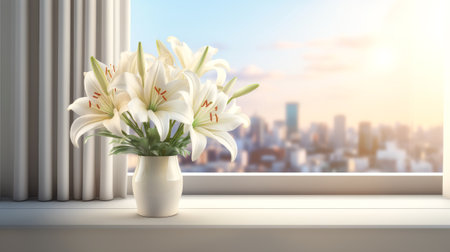 Bouquet of pastel white lilies close up on a table. Vase of white lilies .の素材