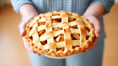 woman chef cook in apron holding plate with delicious apple pie. apple pie with Bakery. Crispy weather sweets.の素材