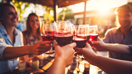Group of happy multiethnic friends are having a garden outdoors party on a warm evening. Group of friends enjoying night out drinking in bar together making a toast.の素材