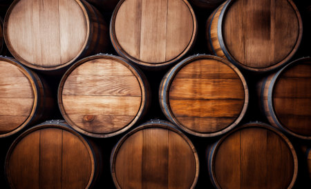 Barrels for whiskey stacked in the cellar. Wooden barrels with whiskey in dark cellar.の素材