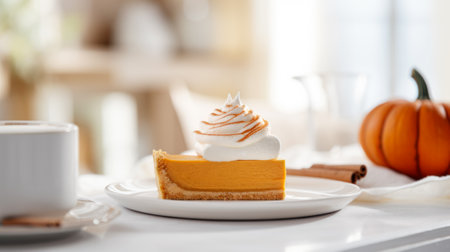 A slice of traditional pumpkin pie for Thanksgiving with whipped cream and leaf shaped decorations.の素材
