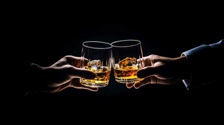 two hands with a  whiskey glasses with ice making a toast close-up.の素材