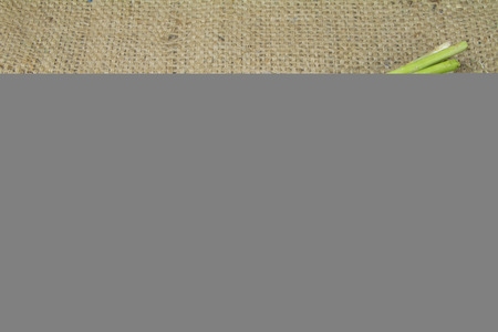 Organic Asparagus on sack backgroundの写真素材