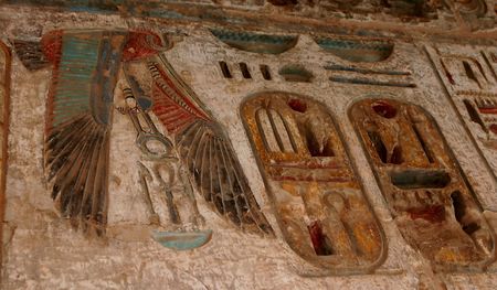 Stone carving detail in the Temple of Ramses III. Luxor. West Bank. Egypt