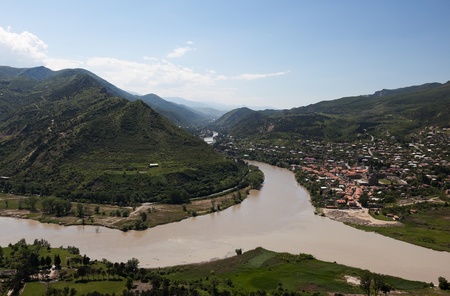 View to confluence aragvi and kura  rivers and town of Mtsheta from Jvari church. Georgia.の写真素材