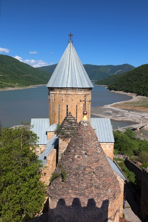 View to Ananuri church and zhinvali reservoir. Georgian Military Highway. Georgia.