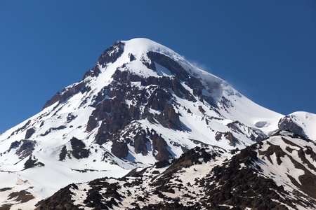 View of Mount Kazbek, near Stepantsminda (formerly Kazbegi). Georgia.