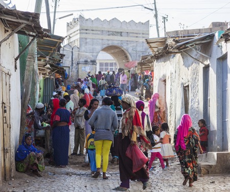 HARAR, ETHIOPIA - DECEMBER 23, 2013  Unidentified people of ancient walled city of Jugol in their daily routine activities that almost unchanged in more than four hundred years のeditorial素材