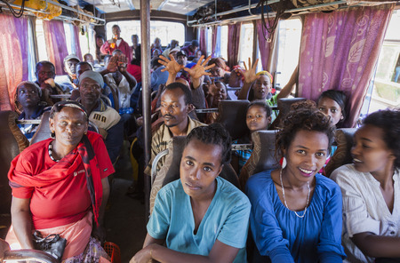 SODO WOLAITA. ETHIOPIA - DECEMBER 26, 2013: Unidentified people on the bus waiting for departure. Buses in Ethiopia leave when full, not according to timetable.のeditorial素材