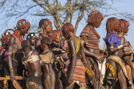 TURMI, OMO VALLEY, ETHIOPIA - DECEMBER 30, 2013: Unidentified group of Hamar women dance at bull jumping ceremony. Jumping of the bull is a rite of passage into manhood in some Omo Valley tribes.のeditorial素材