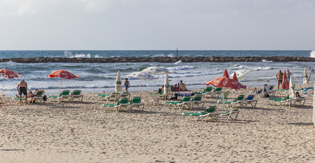 TEL AVIV, ISRAEL - OCTOBER 19, 2014: Banana Beach. Despite hot weather, October in Israel considered a shoulder season, so beaches are not packed too much.のeditorial素材