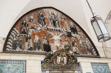 Fresco above main entrance into Saint James Cathedral in the Armenian Quarter. Jerusalem, Israel.のeditorial素材