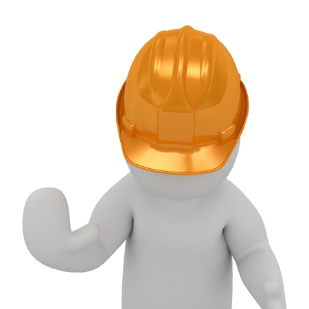 3D man in an orange construction helmet prevents move on and stop all hand raised  Abstract...