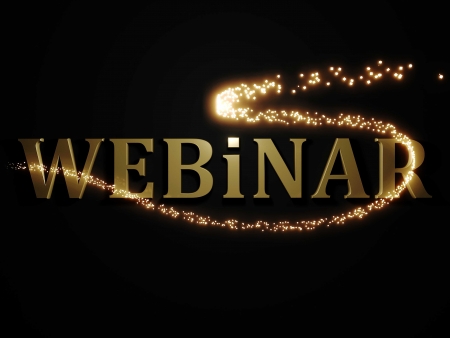 Webinar from metal letters with beautiful 3D glowing trail lights on a dark backgroundの写真素材