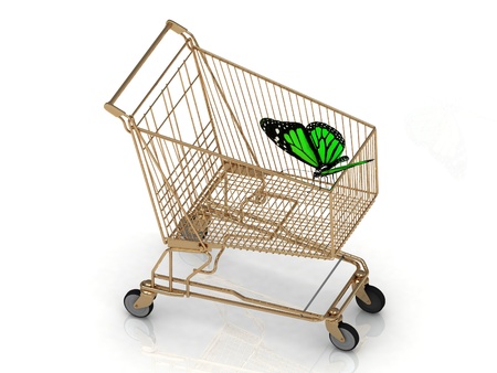 Green butterfly flew to the basket supermarketの写真素材
