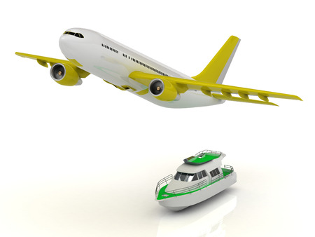 White passenger airliner gains altitude and motorized pleasure boat. Top frontal isolated on whiteの写真素材