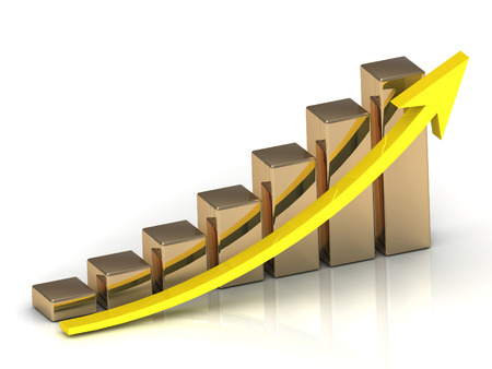 Business graph from golden columns and yellow arrow on white backgroundの写真素材