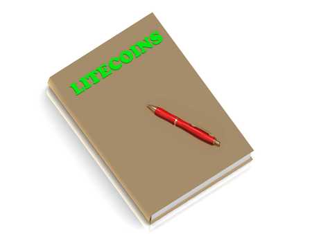 LITECOINS BOOK- inscription of green letters on gold book on white background