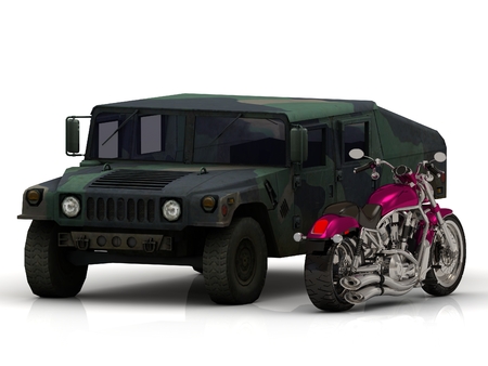 Battle ARMY howitzer jeep and motobike Isolated on white backgroundの写真素材