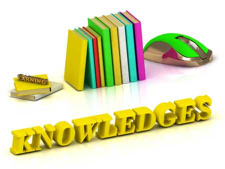 KNOWLEDGES bright color yellow volume letter and textbooks and computer mouse on white background