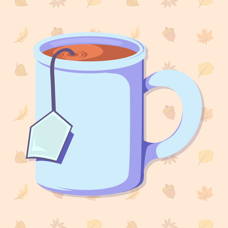 a cup of tea with paper and tea bag string illustration with autumn element backgroundのイラスト素材