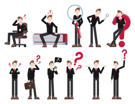confused businessman poses and expressions cartoon flat illustration setのイラスト素材