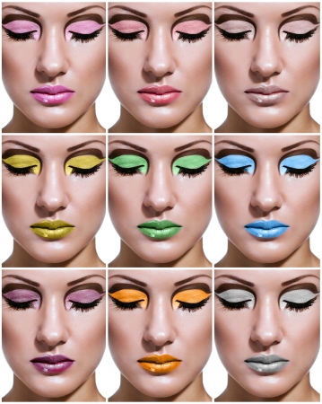 collage of a beautiful young woman with glamour make up , make-up , mixed color , perfect clean skinの写真素材
