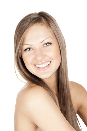 closeup portrait of a beautiful young woman with elegant long shiny hair , hairstyle , isolated on white backgroundの写真素材