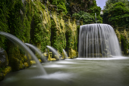 waterfall and garden of the villa of cardinal Ippolito d`Este, Tivoli, Italy.の写真素材