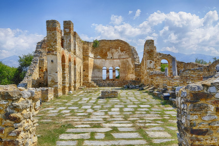 Saint Achilleios old Byzantine church ruins at lake Prespa in Greece.の写真素材