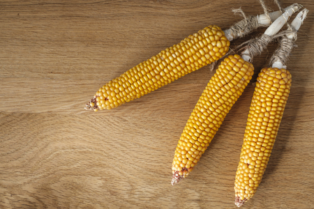 wooden table with corn on the cob with copy spaceの写真素材