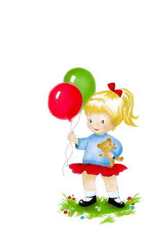 Cute Cartoon Girl with balloons standing on the grassの写真素材
