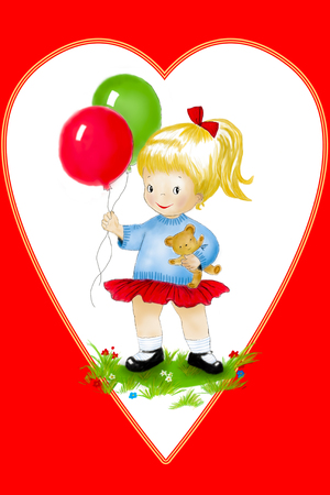 Cute Cartoon Girl with balloons standing on the grassの写真素材