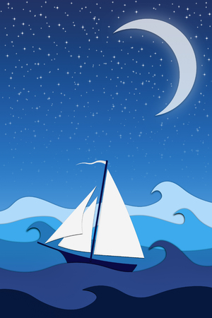 sailboat at storm sea waves, moon and stars on the sky. illustrationの写真素材