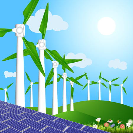 Vector illustration of wind turbines with green leaves and solar panels for generating environmental friendly and clean energyのイラスト素材