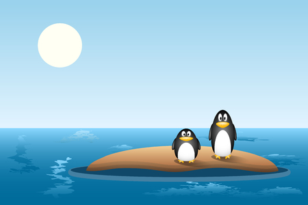 two penguins are left behind on a small island of sand after the ice has melted. global warming concept, climate changeのイラスト素材