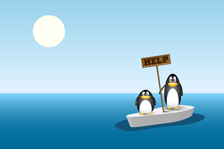 two penguins are left behind on the last ice floe after all the ice mountain has melted. global warming concept, climate changeのイラスト素材