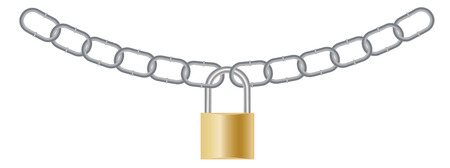 Illustration of a golden locked padlock connecting two chain links. Isolated on a white background.のイラスト素材