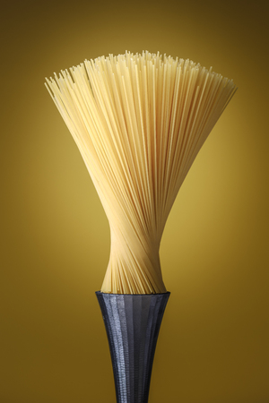 Spaghetti pasta as a modern design artwork on a steel pedestal and resembling a brush, food concept.の写真素材