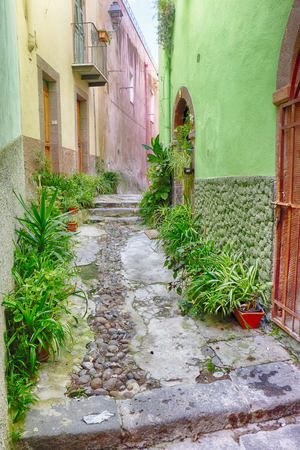 Colorful street decorated with pots and plants in Bosa old town, Sardinia, Italyの写真素材