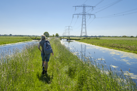 woman with backpack walks for her relaxation through a typical Dutch landscape between two ditches with water and through the high grass on a summer dayの写真素材