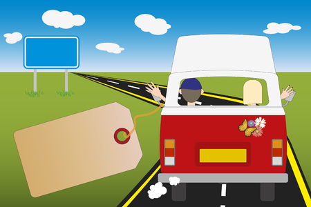 illustration with copy space or camper bus. man and woman riding on the road in their camper. traveling and moving, vacation concept.のイラスト素材