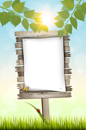 Vector Illustration of a cartoon vertical wood billboard standing in front of a bright sunny summer day with blank paper for your advertisement.のイラスト素材