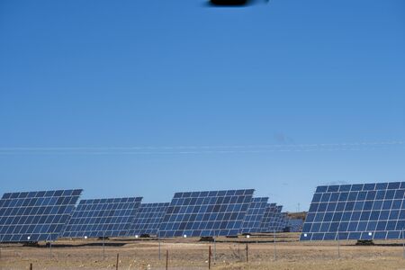 solar panels with tracker field for generating sustainable energy extremadura, spainの写真素材