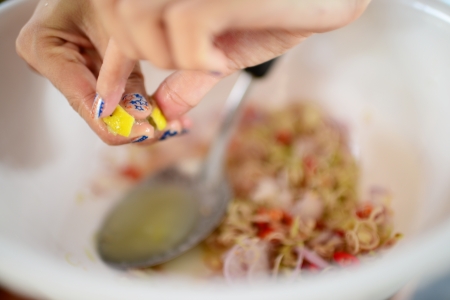 Squeeze lemon for cooking yummy saladの写真素材