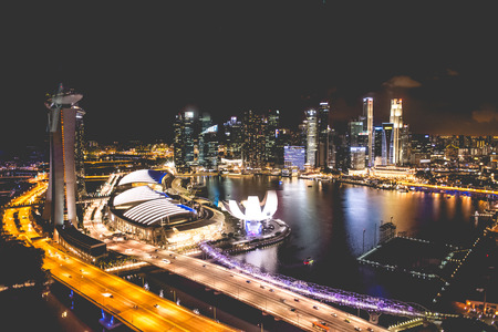 Singapore city skyline at night and view of Marina Bay Top Viewのeditorial素材