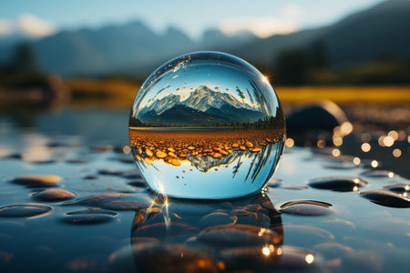 Reflection of mountains in crystal ball on water surface at sunset.の素材