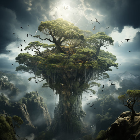 Mystical landscape with tree and flying birds. 3d renderの素材