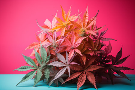 Marijuana leaves on a pink and blue background. Copy space.の素材