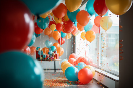 Colorful balloons and confetti on a birthday party in the roomの素材